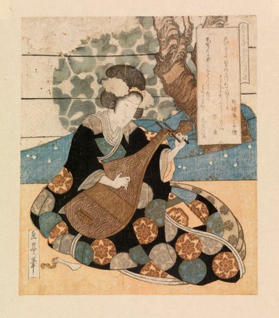 Dame som spiller et instrument, ca. 1804-40 (fargetresnitt) av Yashima Gakutei