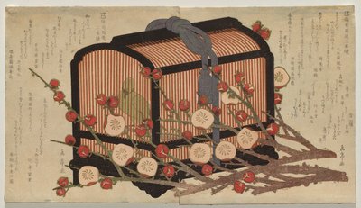 To kontinuerlige design for Bizen Province Club under Go-gawa Group: Sanger i et bur med grener av blomstrende plomme av Yashima Gakutei
