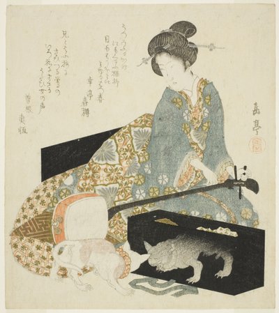 Kvinne med Shamisen og katt av Yashima Gakutei