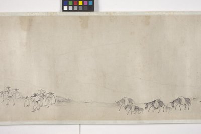 Ett hundre esler som transporterer korn, håndrull, ca. 1700 (blekk på papir) av Ye Yin