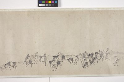 Ett hundre esler som transporterer korn, håndrull, ca. 1700 (blekk på papir) av Ye Yin