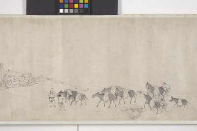 Ett hundre esler som transporterer korn, håndrull, ca. 1700 (blekk på papir) av Ye Yin