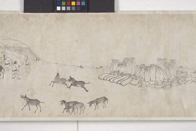 Ett hundre esler som transporterer korn, håndrull, ca. 1700 (blekk på papir) av Ye Yin