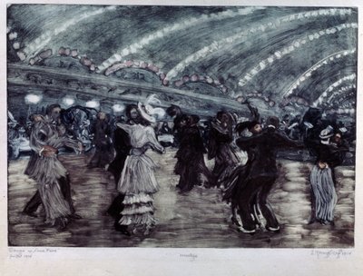 Tango a Luna Park (Tango Dance at Luna Park). Par dansere på et bredt gulv, opplyst fra taket av kranser av lys. Kunstverk av Yelisaveta (Elisabeth) Sergeyevna Krouglikova (Elizaveta Sergeevna Krouglikova) (1865-1941), gravering ( av Yelisaveta Sergeyevna Kruglikova