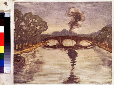 En båt på Seinen. (En båt på Seinen). Peinture de Yelisaveta (Elisabeth) Sergeyevna Kruglikova (Elizaveta Sergeevna Krouglikova) (1865-1941), estampe (monotype) av Yelisaveta Sergeyevna Kruglikova