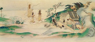 Amitayus Buddha og to Bodhisattvaer på besøk hos munken Honen (f.1132), illustrasjon publisert i magasinet Tokka i mars 1902 av Yoshimitsu Tosa