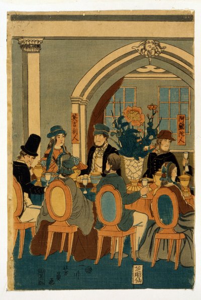 Bankbilde av temperatur på fem jorder (Yokohama-ungen) Par Utagawa, Yoshitomi (lov 1850-1870) av Yoshitomi Utagawa