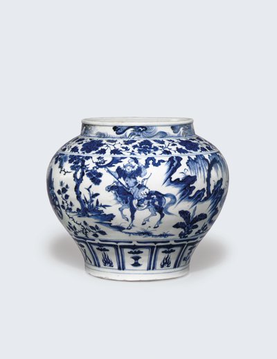 En usedvanlig sjelden og viktig blå og hvit krukke, Guan av Yuan Dynasty Chinese School