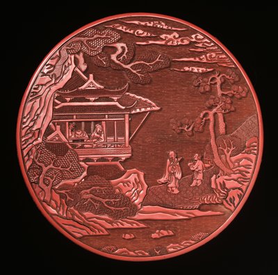 Sirkulær utskåret sinoberboks og deksel (lakkert tre) (se også 272180 og 272181) av Yuan Dynasty Chinese School