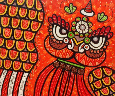 Løvedans rød, 2022 (olje på lerret) av Yue Zeng