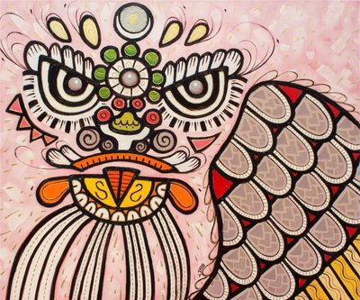 Løvedans hvit, 2022 (olje på lerret) av Yue Zeng