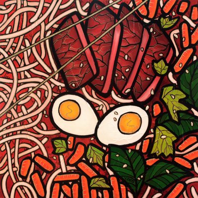 Ramen nudelbiff, 2022 (blandet teknikk på treplate) av Yue Zeng