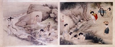 Art coreen: kvinner som vasker klærne og kler på seg selv, og kvinner som tar toalettet og underholder seg selv. Trykk av Sin Yun Bok (eller Hyewon) (f. 1758). Hyung Pil Chun-kolleksjonen av Yun bok Sin