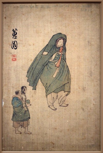 Kvinne pakket inn i frakken sin, går forbi to barn. Maleri av Shin Yunbok (ca. 1758-1813), blekk på papir av Yunbok Shin
