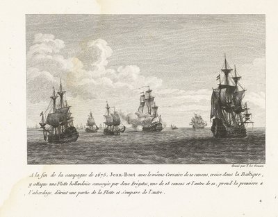 Jan Bart valt Hollandse schepen in de Baltische zee aan, 1675 På slutten av felttoget i 1675 angriper Jean-Bart med den samme Corsair på 10 kanoner, cruise i Østersjøen, en nederlandsk flåte (...) (tittel på objekt) Samling av Jean-Bars kamper av Yves Marie Le Gouaz