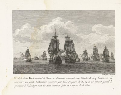 Jan Bart valt met zijn eskader en Hollandse vloot aan, 1676 I 1676 kommanderte Jean Bart, som monterte 18-kanons Palme, en skvadron på fem Corsairs (...) (tittel på objekt) Samling av kampene til Jean-Bart, skvadronsjef under Louis XIV (serietittel) av Yves Marie Le Gouaz