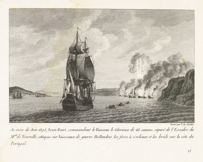 Jan Bart valt zes Hollandse schepen aan voor de kust van Portugal, 1693 I juni 1693 angrep Jeaan-Bart, som kommanderte Vaisseau le Glorieux med 66 kanoner (...) seks nederlandske krigsskip (...) på kysten av Portugal (tittel på objekt) Rec av Yves Marie Le Gouaz
