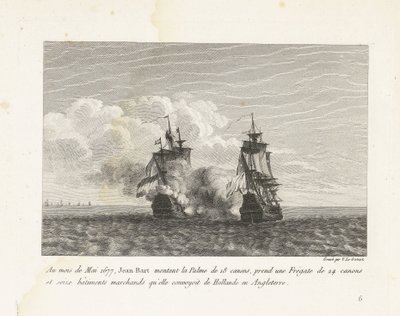 Jan Bart verovert een Hollands fregat, 1677 I mai måned 1677 monterte Jean-Bart 18-kanons Palme, tok en 24-kanons fregatt og seksten handelsskip som hun konvoierte fra Holland til England (tittel på objekt) Samling av Jeas kamper av Yves Marie Le Gouaz