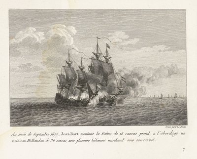 Jan Bart verovert een Hollands fregat, 1677 I september 1677 gikk Jean-Bart på 18-kanoner Palme om bord i et nederlandsk fartøy på 36 kanoner, med flere handelsskip under konvoien hans (tittel på objekt) Recueil des combats av Yves Marie Le Gouaz