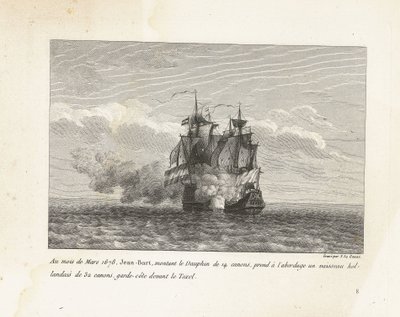 Jan Bart verovert een Hollands fregat, 1678 I mars 1678 gikk Jean-Bart, som kjørte på 14-kanons Dauphin, om bord i et 32-kanons nederlandsk fartøy, kystvakt foran Texel (tittel på objekt) Samling av kampene til Jean-Bart, sjef for Es av Yves Marie Le Gouaz