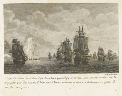 Treffen mellom en vloot under Jan Bart en een Hollandse vloot, 1696 På slutten av kampen 18. juni 1696 får Jean-Bart vite at tretten fiendtlige fartøyer (...) og vender tilbake til Dunkerque med femten av sine rikeste premier (tittel) på objekt) Kompendium av Yves Marie Le Gouaz