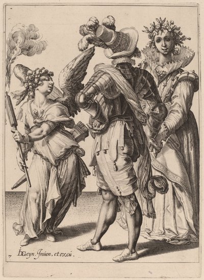 En amor med bind for øynene som holder en lommelykt foran et par av Zacharias Dolendo after Jacques de Gheyn II