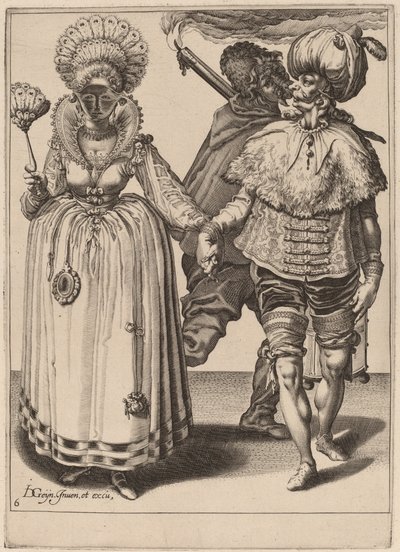 En mann med en turban som leder en kvinne med påfuglfjær av Zacharias Dolendo after Jacques de Gheyn II