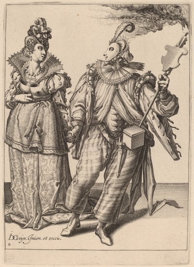 En kvinne ledet av en spiller som holder en fakkel av Zacharias Dolendo after Jacques de Gheyn II