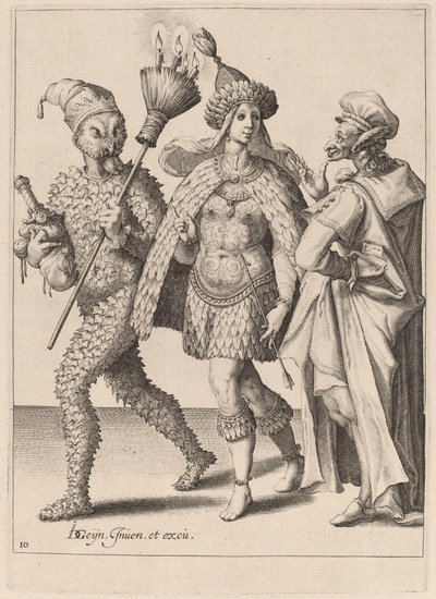 En gammel morder henvender seg til et par kledd i fjær av Zacharias Dolendo after Jacques de Gheyn II