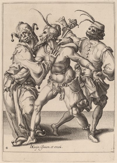 Tre dansende mummere, inkludert en narr av Zacharias Dolendo after Jacques de Gheyn II