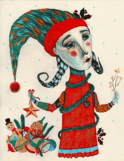 Christmas She-Elf, 2020 (blekktegning på papir) av Sabina Nedelcheva Williams