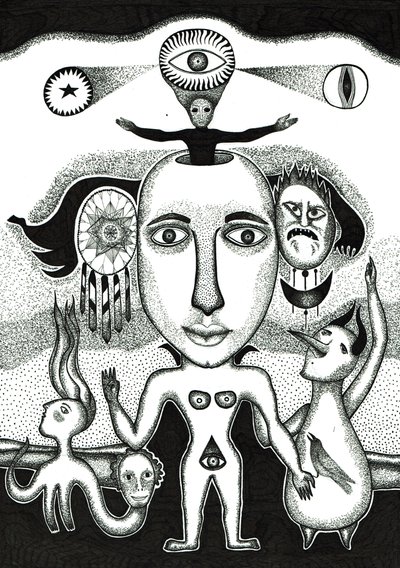 Ritual , 2018 (blekktegning på papir) av Sabina Nedelcheva Williams