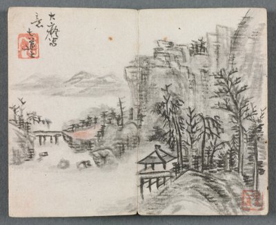 Miniatyralbum med figurer og landskap klippelandskap med bro, 1822. av Zeng Yangdong