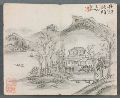 Miniatyralbum med figurer og landskapslandskap med bakke, hus, båt og bro, 1822. av Zeng Yangdong