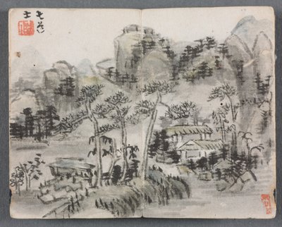 Miniatyralbum med figurer og landskapslandskap med to bygninger, 1822. av Zeng Yangdong