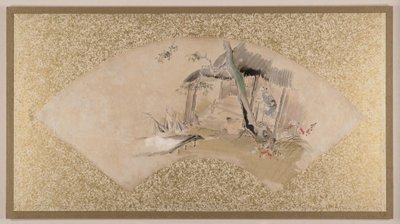 Hus med kvinne og baby, sent på 1800-tallet (viftemaleri montert som albumblad; tempera på papir) av Zeshin Shibata