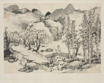 Landscape Album in Various Styles: Landscape with Artist on a Bridge, 1684. av Zha Shibiao