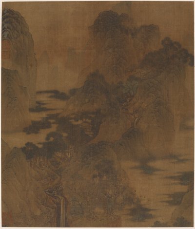 Landskap: fjellkløft, tåke, en bekk og bygninger, Ming-dynastiet, 1600-tallet. av Zhang Hong