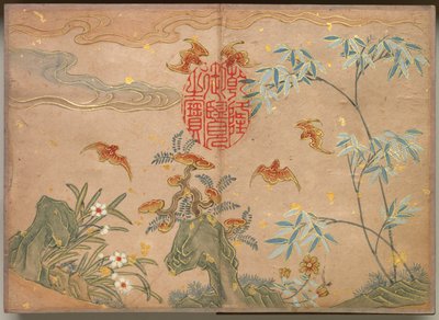 Skrivebordsalbum: Blomster- og fuglemalerier Flaggermus, steiner, blomster oval kalligrafi, 1700-tall. av Zhang Ruoai