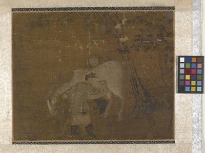 Grooms Combing White Horse (farger på silke) av Zhao Mengfu Chao Meng Fu or