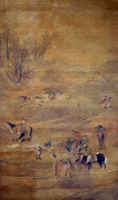 Mongolsk rytter som jager en hest. Silkemaleri av Fou Tchao Mong av Zhao Mengfu Chao Meng Fu or