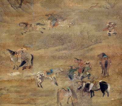 Mongolsk rytter som jager en hest. Detalj. Silkemaleri av Fou Tchao Mong (1254-1322). Yuan-dynastiet (1206–1368 e.Kr.) Paris, Guimet-museet, Nasjonalmuseet for asiatisk kunst av Zhao Mengfu Chao Meng Fu or