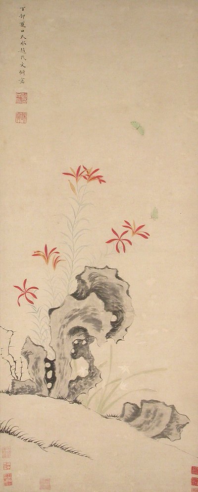 Rock, Tiger Lily and Orchid, datert 1627. av Zhao Wenchu