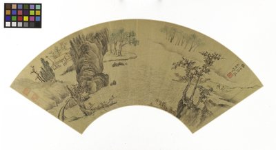 Landskap med menn og esel som blir ferget over en elv (blekk og farger på gullpapir) av Zhen Yao