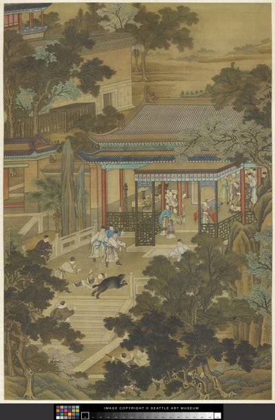 Jieyu forsvarer keiseren fra en bjørn, ca. 1740 (blekk og farge på papir) av Zhidao Cheng