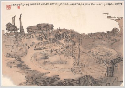 Maleri som viser bryggen til Xinshi, Sichuan-provinsen ved Jinshajiang-elven av Zhou Jun