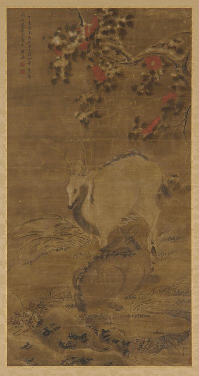 En hjort, en doe og røde kameliaer i snø, 1367. av Zhou Yuan