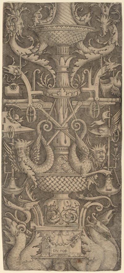 Ornamentpanel med drager, masker og krigsinstrumenter av Zoan Andrea