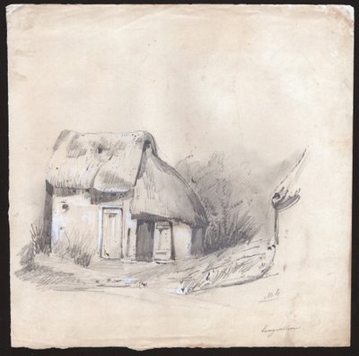 En hytte med stråtak i sentrum av Frankrike. ca. 1830 (illustrasjon) av . .
