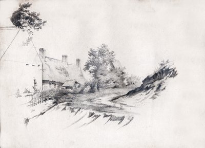 Et gårdshus med stråtak i det sentrale Frankrike. ca 1850 (tegning) av . .